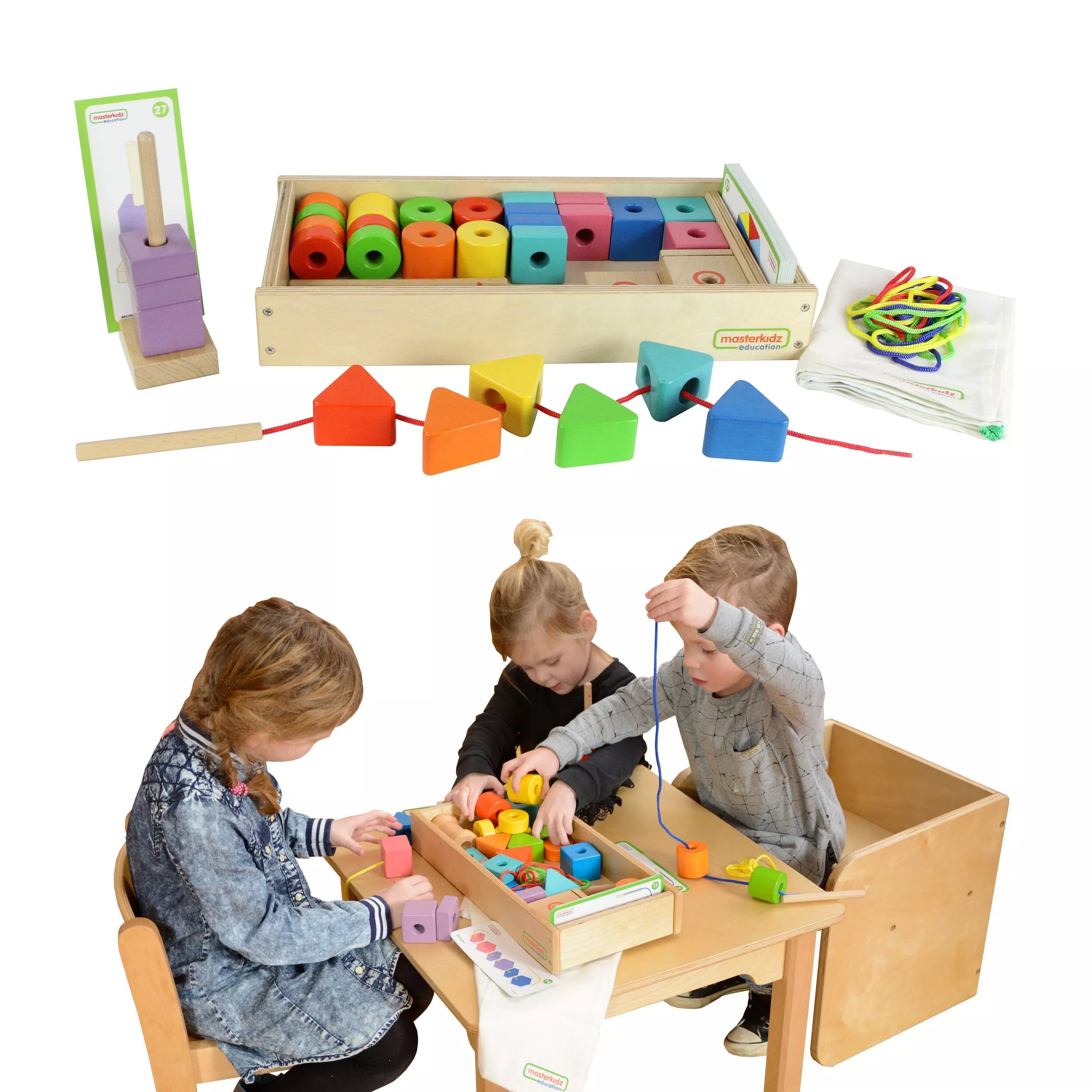Masterkidz didelis medinis Montessori virvelių vėrimo žaislas